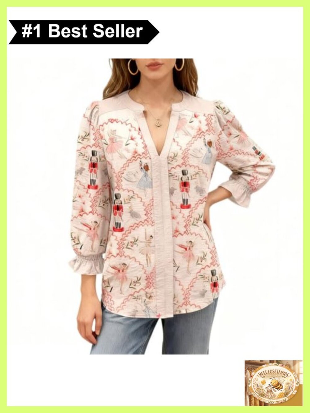 Womens Nutcracker Print Blouse V Neck Ruffled Cuff Long Sleeve Holiday Top